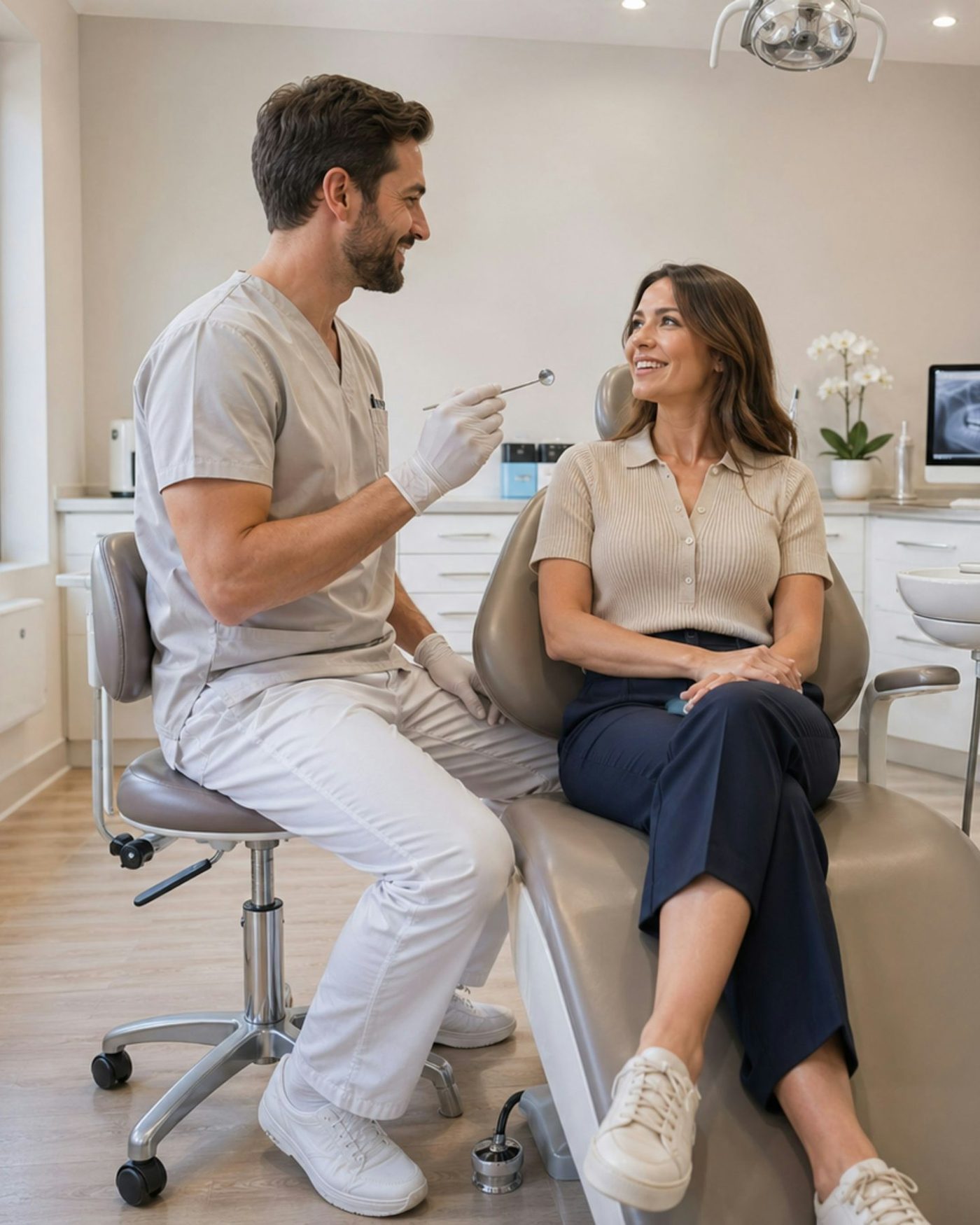 Moderne Website für eine Zahnarztpraxis, Beispielansicht: Zahnarzt im hellen Behandlungszimmer im Gespräch mit einer lächelnden Patientin, die auf dem Behandlungsstuhl sitzt